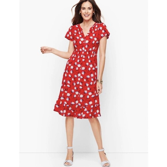 Talbots Dresses & Skirts - Talbots Classic Red Floral Flutter Sleeve Flounce Hem Dress Women’s Size 6P EUC